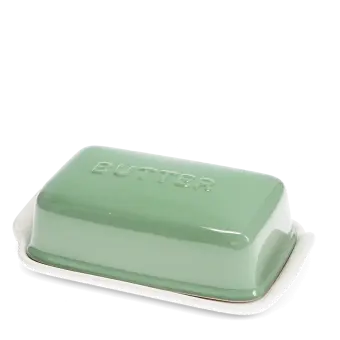 Rectangular butter dish with green lid embossed with the word 'BUTTER