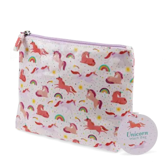 Wash bag in pale pink featuring colourful illustrations of unicorns, rainbows and stars 