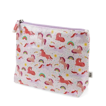Wash bag in pale pink featuring colourful illustrations of unicorns, rainbows and stars with tag