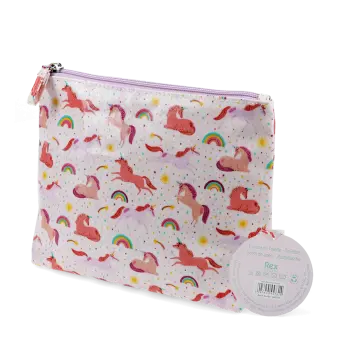 Wash bag in pale pink featuring colourful illustrations of unicorns, rainbows and stars with tag