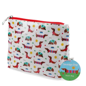 wash bag in white featuring colourful illustrations of sausage dog with tag
