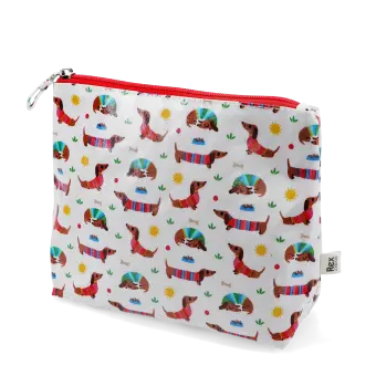 wash bag in white featuring colourful illustrations of sausage dog