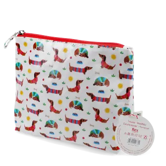 wash bag in white featuring colourful illustrations of sausage dog with tag