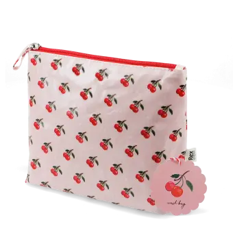 Wash bag in pink featuring colourful illustrations of red cherry print with tag