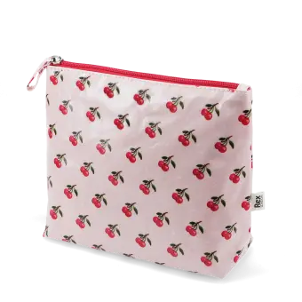 Wash bag in pink featuring colourful illustrations of red cherry print 