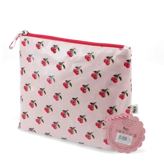 Wash bag in pink featuring colourful illustrations of red cherry print with tag