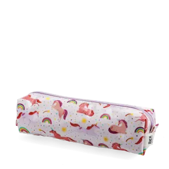 Pencil case in pink featuring colourful illustrations of unicorns, rainbows and stars