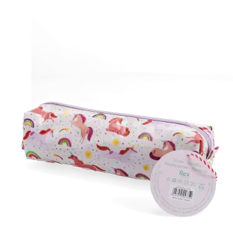 Pencil case in pink featuring colourful illustrations of unicorns, rainbows and stars with tag