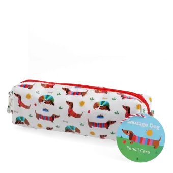 Pencil case in white featuring colourful illustrations of sausage dog with tag