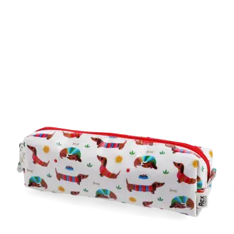 Pencil case in white featuring colourful illustrations of sausage dog 