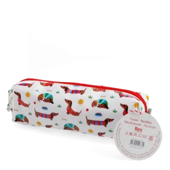 Pencil case in white featuring colourful illustrations of sausage dog with tag