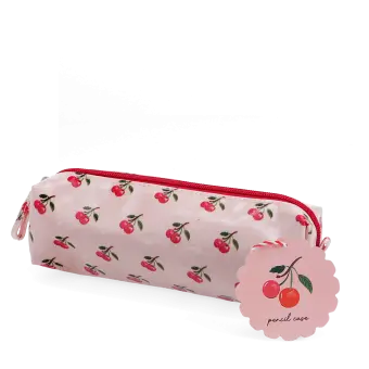 Pencil case in pink featuring colourful illustrations of red cherry print with tag
