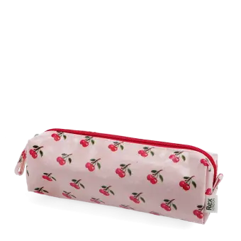 Pencil case in pink featuring colourful illustrations of red cherry print