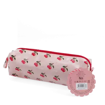 Pencil case in pink featuring colourful illustrations of red cherry print with tag