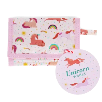 Wallet in pink featuring colourful illustrations of unicorns, rainbows and stars with tag