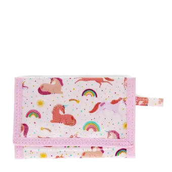 Wallet in pink featuring colourful illustrations of unicorns, rainbows and stars 