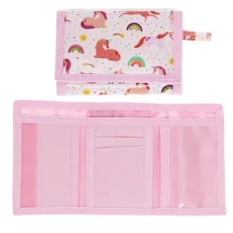 Wallet in pink featuring colourful illustrations of unicorns, rainbows and stars with open cards slot