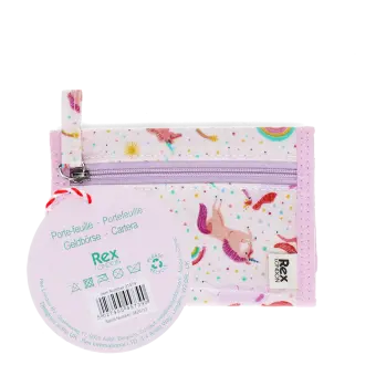 Wallet in pink featuring colourful illustrations of unicorns, rainbows and stars with tag