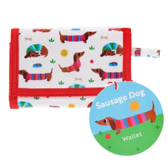 Wallet in white featuring colourful illustrations of sausage dog with tag