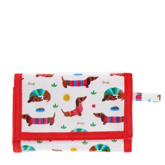 Wallet in white featuring colourful illustrations of sausage dog wearing striped jumper