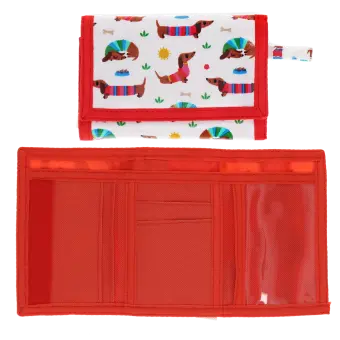 Wallet in white featuring colourful illustrations of sausage dog wearing striped jumper with open cards slot