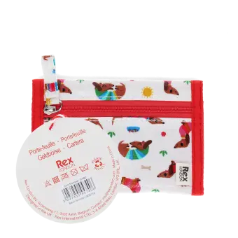 Wallet in white featuring colourful illustrations of sausage dog wearing striped jumper with tag