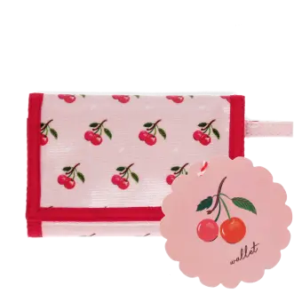 Wallet in pink featuring colourful illustrations of red cherry print with tag