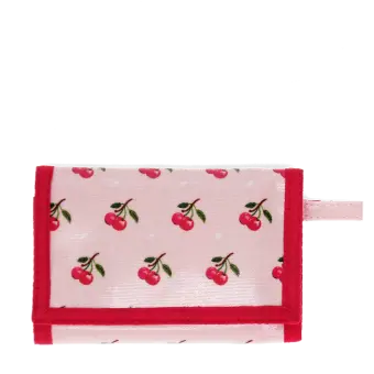Wallet in pink featuring colourful illustrations of red cherry print 