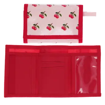 Wallet in pink featuring colourful illustrations of red cherry print with open cards slot