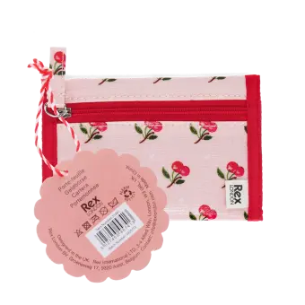 Wallet in pink featuring colourful illustrations of red cherry print with tag