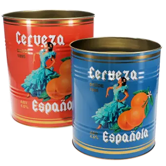 Two cylindrical tins with red and blue designs, featuring a woman in a blue dress, oranges, and 'Cerveza Española' text