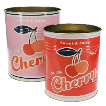 Two retro-style cherry-themed storage tins, one pink and one red,