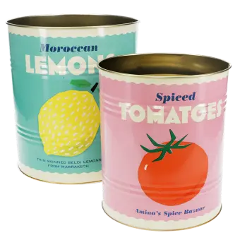 Two retro-style storage tins featuring one with a lemon print and one with a tomato print in different colour