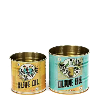 Two vintage-style olive oil-themed storage tins.