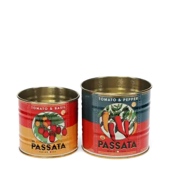 Two vintage-style passata-themed storage tins, one small with a tomato print and one large with a chilli print.