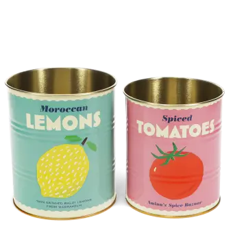 Two vintage-style storage tins, one with a lemon print and one with a tomato print.