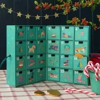 Green advent calendar with 24 festive dogs drawers