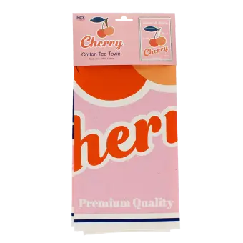 Cotton tea towel featuring a cherry print with pink background in a packaging