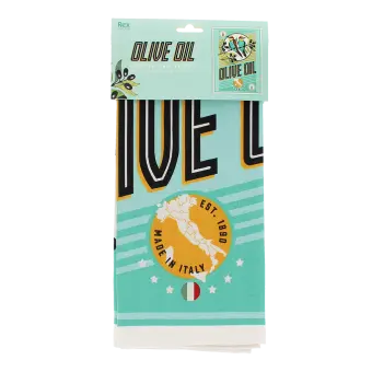 cotton tea towel featuring olive oil and birds print in a packaging