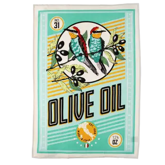cotton tea towel featuring olive oil and birds print 