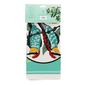 cotton tea towel featuring olive oil and birds print in a packaging