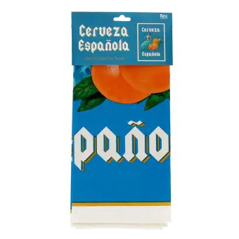 Cotton tea towel featuring a stylized "Cerveza Española" design in a packaging