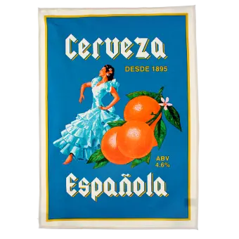 Cotton tea towel featuring a stylized "Cerveza Española" design, with an illustration of a woman in traditional Spanish dress