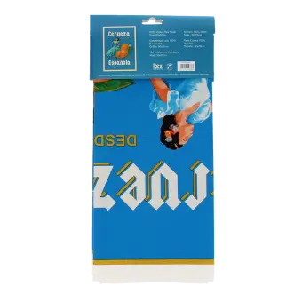 Cotton tea towel featuring a stylized "Cerveza Española" design in a packaging