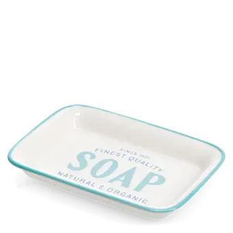 Rectangular ceramic soap dish with a light blue border and printed text 'SOAP'