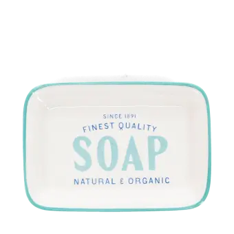 Rectangular ceramic soap dish with a light blue border and printed text 'SOAP'