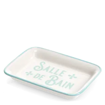 Rectangular ceramic soap dish with a light blue border and printed text 'Salle de bain' 