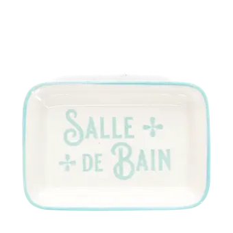 Rectangular ceramic soap dish with a light blue border and printed text 'Salle de bain' 