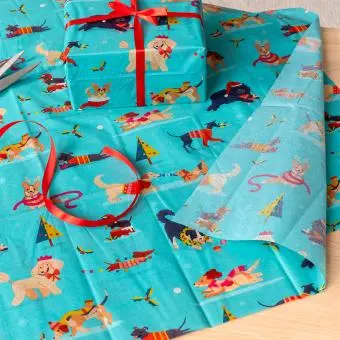 festive friends tissue paper feature illustrations of dogs in winter clothing 