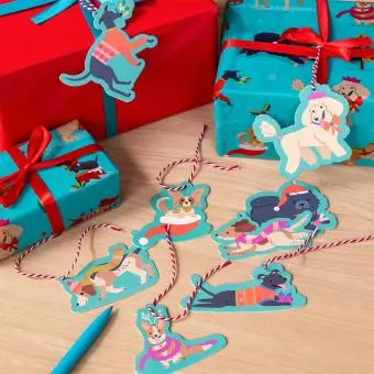 Christmas gift tags featuring various dog designs